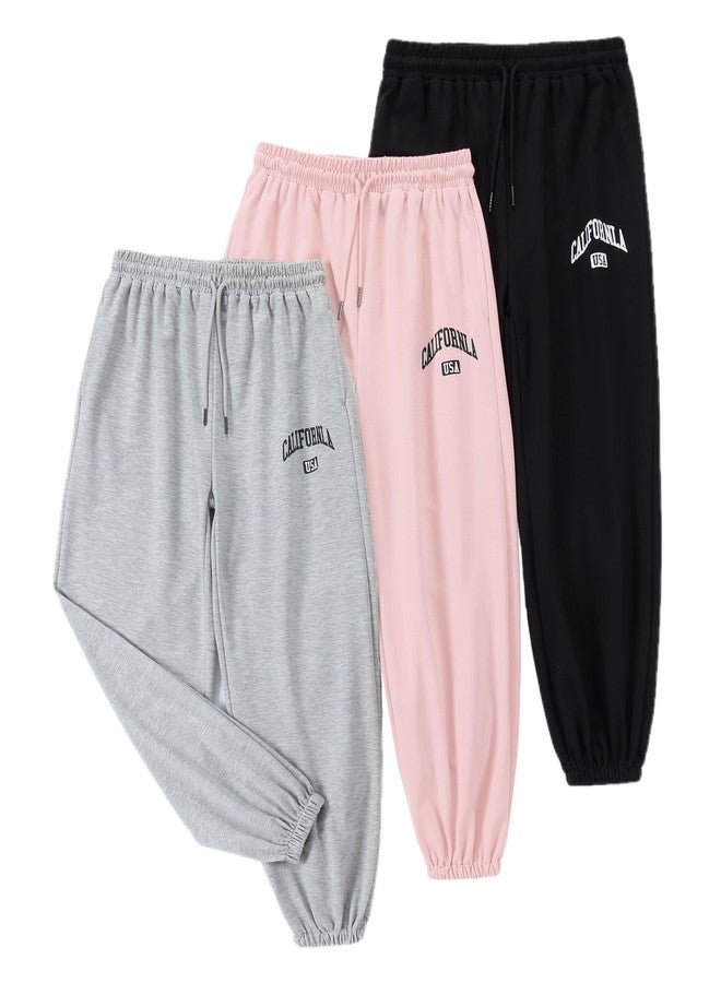 EXARUS Girls Sweatpants Joggers Sweat Pants 3 Pack Kids with Pockets Drawstring Baggy High Waisted Preppy Cute Youth 10Y - Image 1